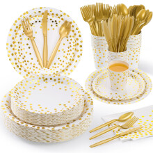 350 Piece White and Gold Dot Disposable Dinnerware Set for 50 Guests, Elegant Party Supplies