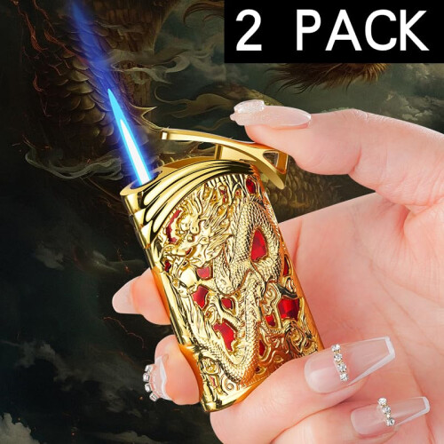 2 Pack Gold Blue Pharaoh Butane Torch Lighter, Refillable Adjustable Jet Flame, Windproof for BBQ and Kitchen 1