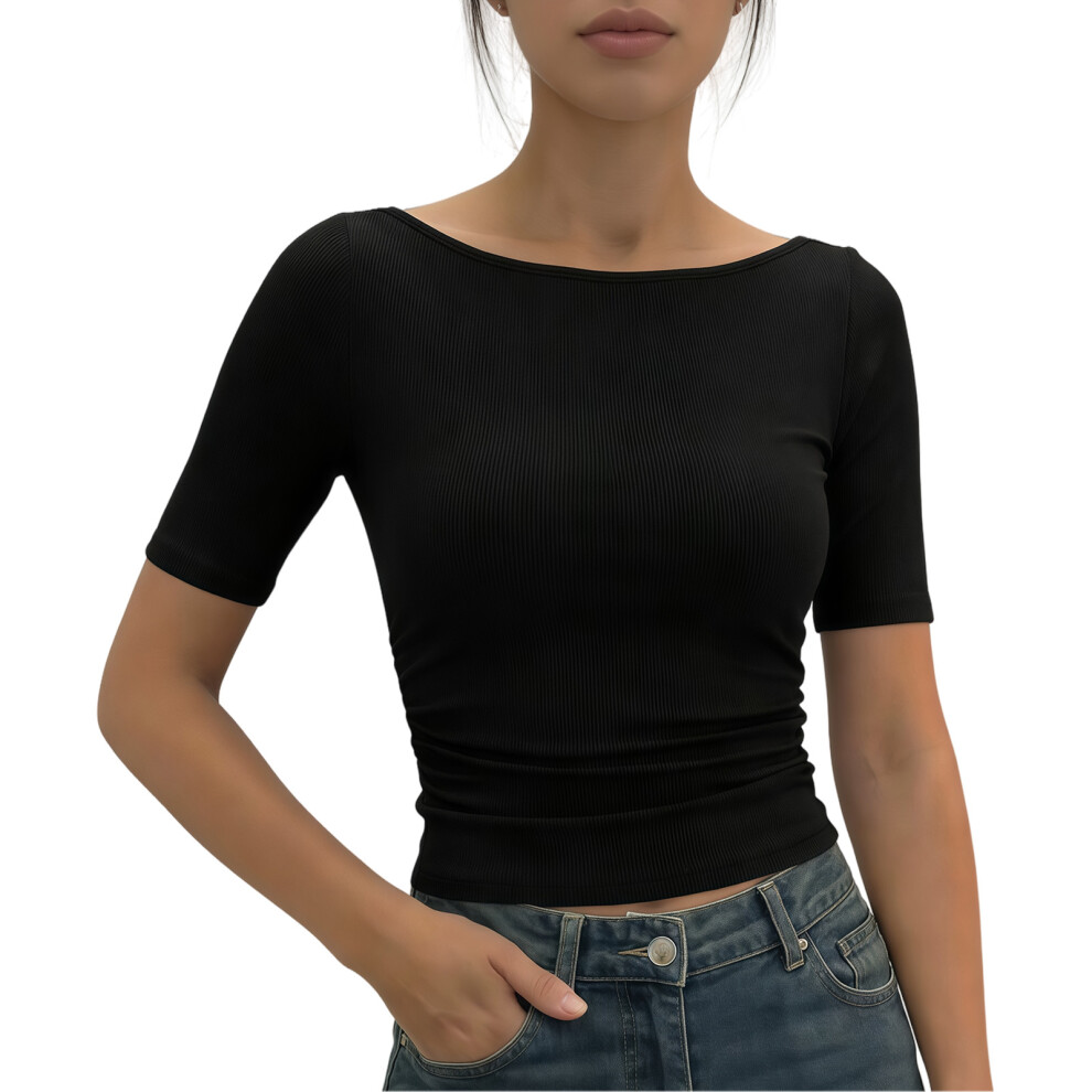 Ribbed Knit Textured Womens Boat Neck Tee Slim Fit-Black L