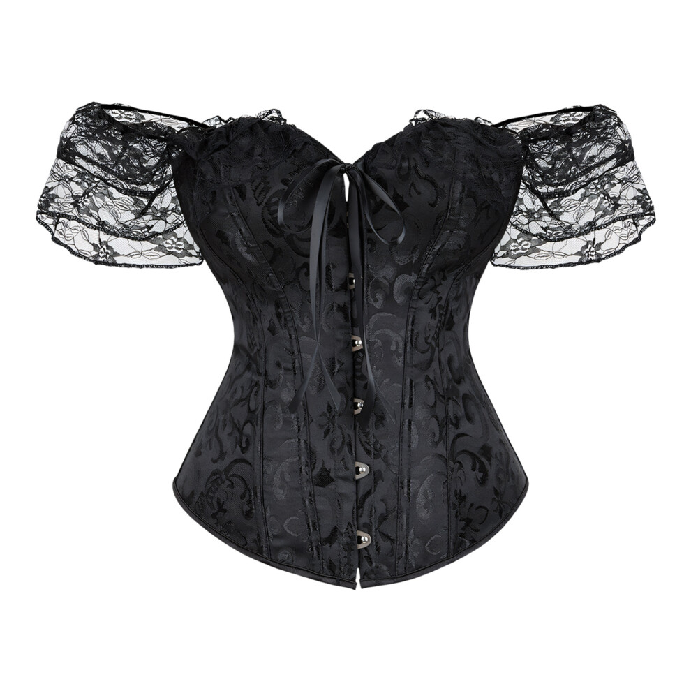 Chic Off Shoulder Lace Corset Blouse Floral Print-Black XXL
