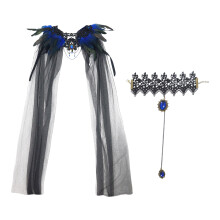 Gothic Feather Mesh Capelet Jeweled Cuffs-Blue shawl suit blue
