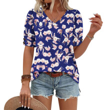 Women's  Short Sleeve Button-Down V-Neck Shirts rSets -Purple S