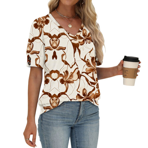 Women's  Short Sleeve Button-Down V-Neck Shirts rSets -Brown L 2