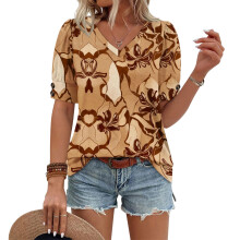 Women's Short Sleeve Button-Down V-Neck Shirts rSets -Brown L