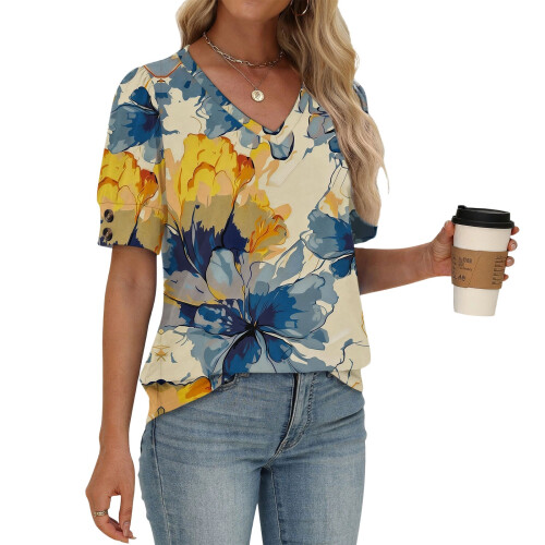 Women's  Short Sleeve Button-Down V-Neck Shirts rSets -Pink L 2
