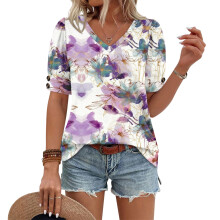 Women's  Short Sleeve Button-Down V-Neck Shirts-Lavender XXL