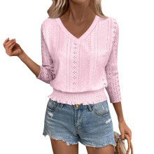 Kurzarmhemden für Damen, V-Ausschnitt, bestickte-Rosa XXL