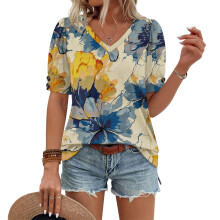 Women's Short Sleeve Button-Down V-Neck Shirts rSets -Yellow L