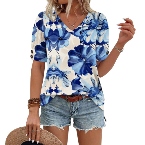 Women's  Short Sleeve Button-Down V-Neck Shirts-Sky Blue S