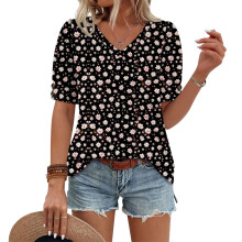 Women's  Short Sleeve Button-Down V-Neck Shirts rSets -Black L