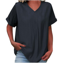 Women's Cotton Linen Top - Short Sleeve V Neck-Black M