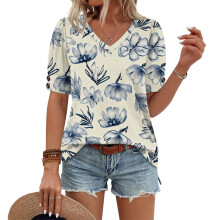 Women's Short Sleeve Button-Down V-Neck Shirts rSets-Beige XXL