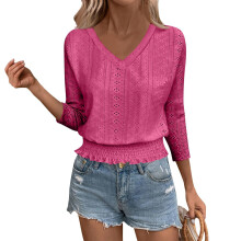 Short Sleeve Shirts For Women V Neck Top Embroidered-Fuchsia S