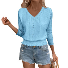 Short Sleeve Shirts For Women V Neck Top-Sky Blue L