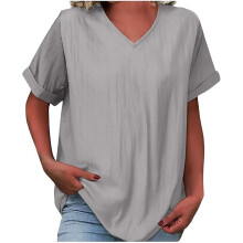 Women's Cotton Linen Top - Short Sleeve V Neck-Gray M