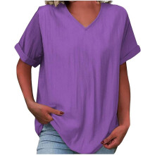 Women's Cotton Linen Top - Short Sleeve V Neck-Purple M