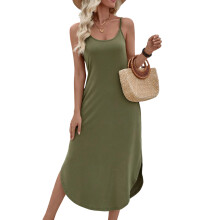 Women's casual dress, sleeveless V-neck slit-Army Green XL