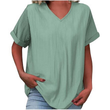 Women's Cotton Linen Top - Short Sleeve V Neck-Green S