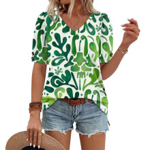 Women's Short Sleeve Button-Down V-Neck Shirts rSets -Mint L