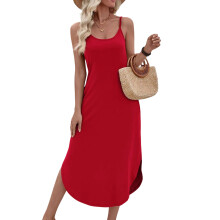 Women's casual dress, sleeveless V-neck slit bohemian -Red XL
