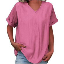 Women's Cotton Linen Top - Short Sleeve V Neck-Pink XL