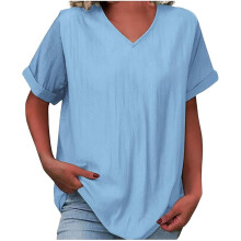 Women's Cotton Linen Top - Short Sleeve V Neck-Sky Blue S