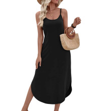 Women's casual dress, sleeveless V-neck slit bohemian-Black XXL