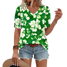 Women's Short Sleeve Button-Down V-Neck Shirts rSets-Green XXL