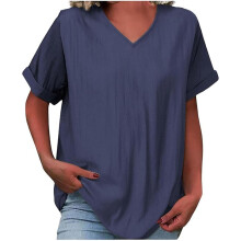 Women's Cotton Linen Top - Short Sleeve V Neck-Navy Blue XXL