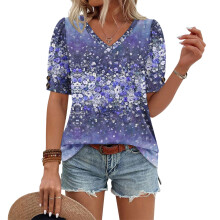 Women's Short Sleeve Button-Down V-Neck Shirts rSets -Purple L