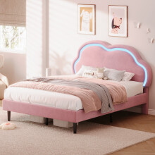 Pink Velvet Double Bed with LED Cloud Headboard
