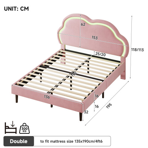 Pink Velvet Double Bed with LED Cloud Headboard 1
