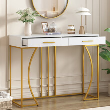 (110x32x85cm, white/gold) Console table, hallway table with 2 drawers, light luxury style side table, sofa table
