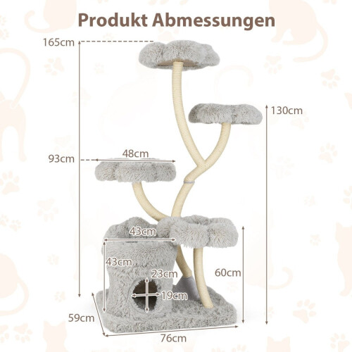 Árvore para gatos de 165 cm com postes de sisal e 4 plataformas, cinza 1