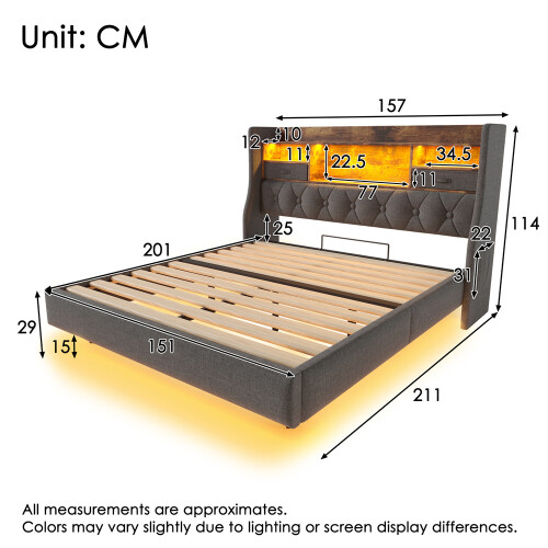 Grey Linen Floating King Bed with LED Lights 1