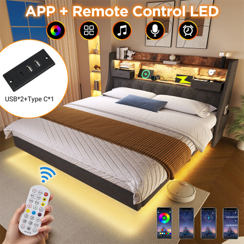 Grey Linen Floating King Bed with LED Lights 2