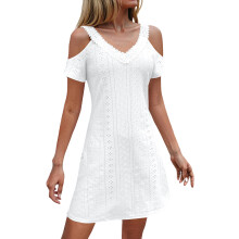 Womens V Neck Dress Short Sleeve Off Shoulder Crochet-White XXL