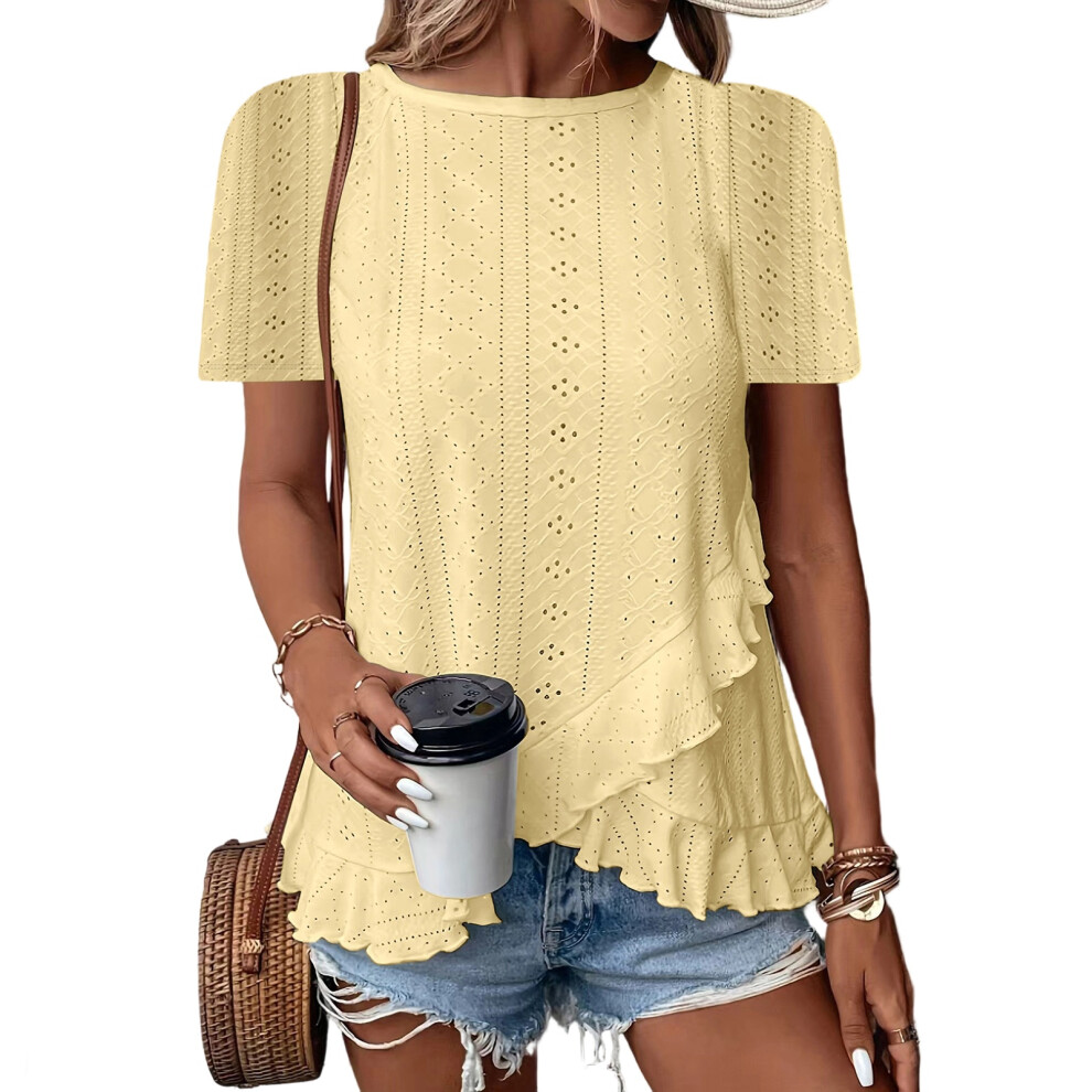 Women Crewneck Long Sleeve Eyelet Blouses Elegant-Yellow M