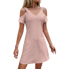 Womens V Neck Dress Short Sleeve Off Shoulder-Lotusroot pink M