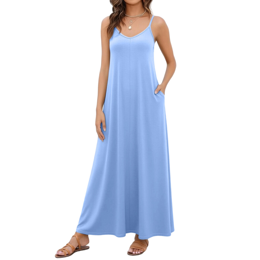 Sky Blue Women's Casual V-Neck Sleeveless Flowy Long Beach- S