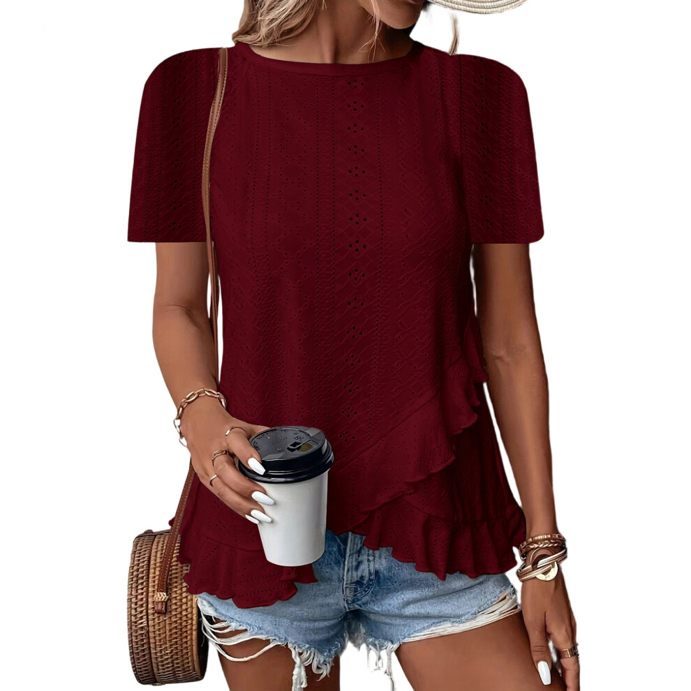 Women Crewneck Long Sleeve Eyelet Blouses Elegant-Burgundy M