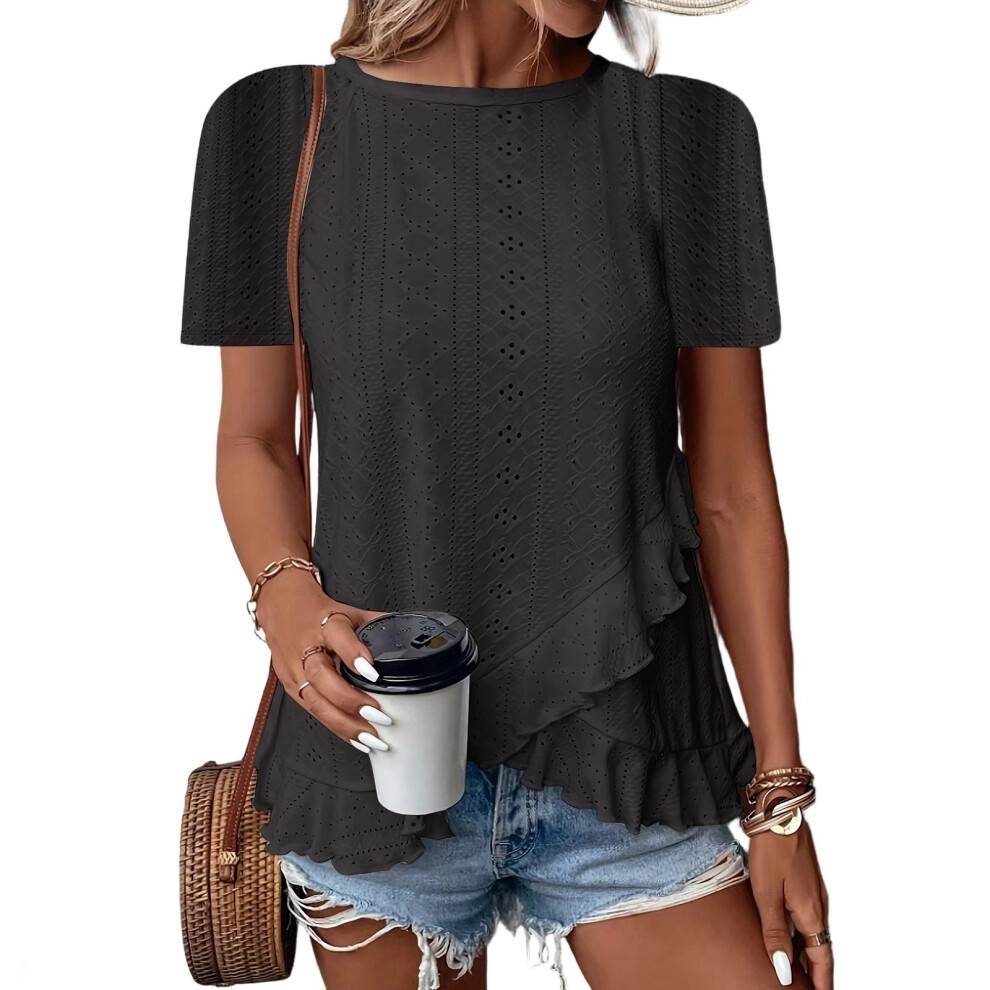 Women Crewneck Long Sleeve Eyelet Blouses Elegant-Black XXL