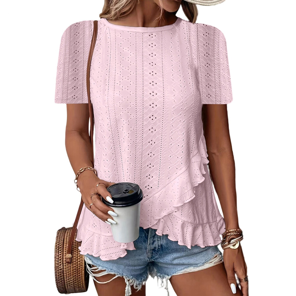 Women Crewneck Long Sleeve Eyelet Blouses Elegant-Pink M