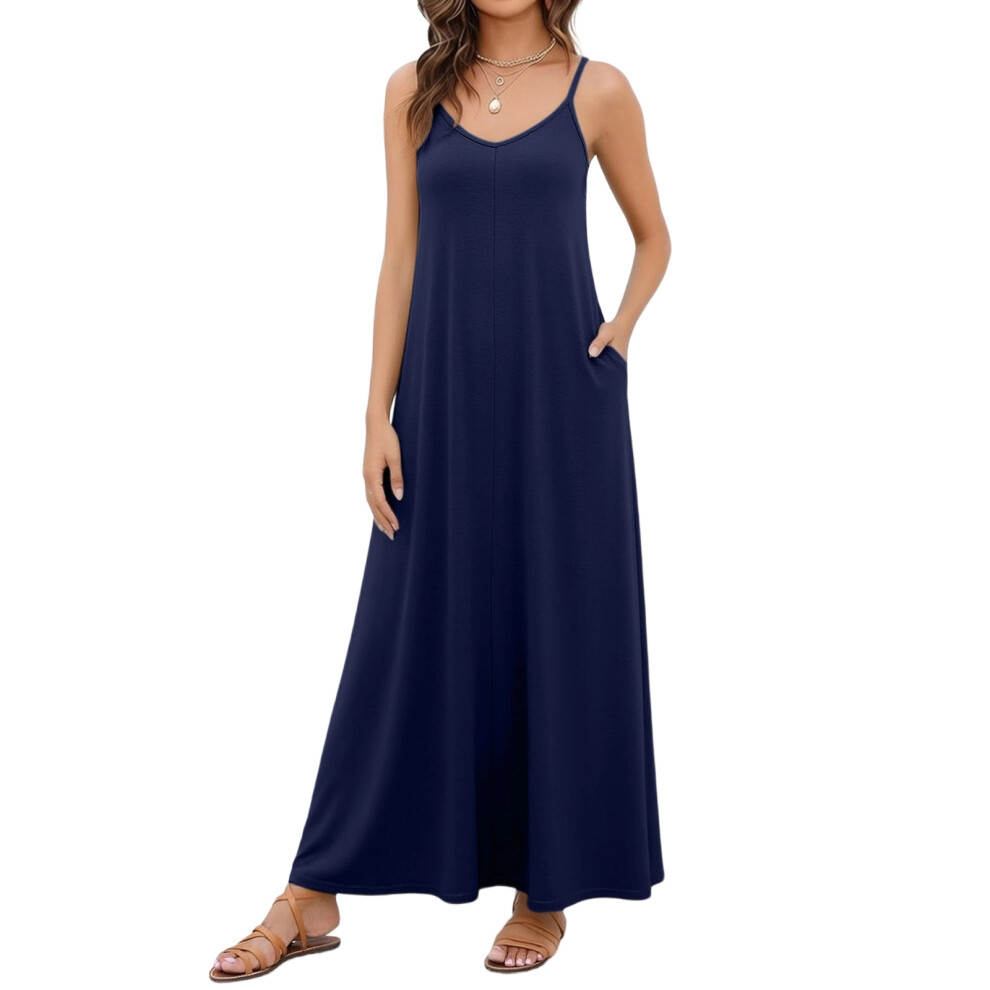 Women's Casual V-neck Sleeveless Flowy Long Beach-Navy Blue S