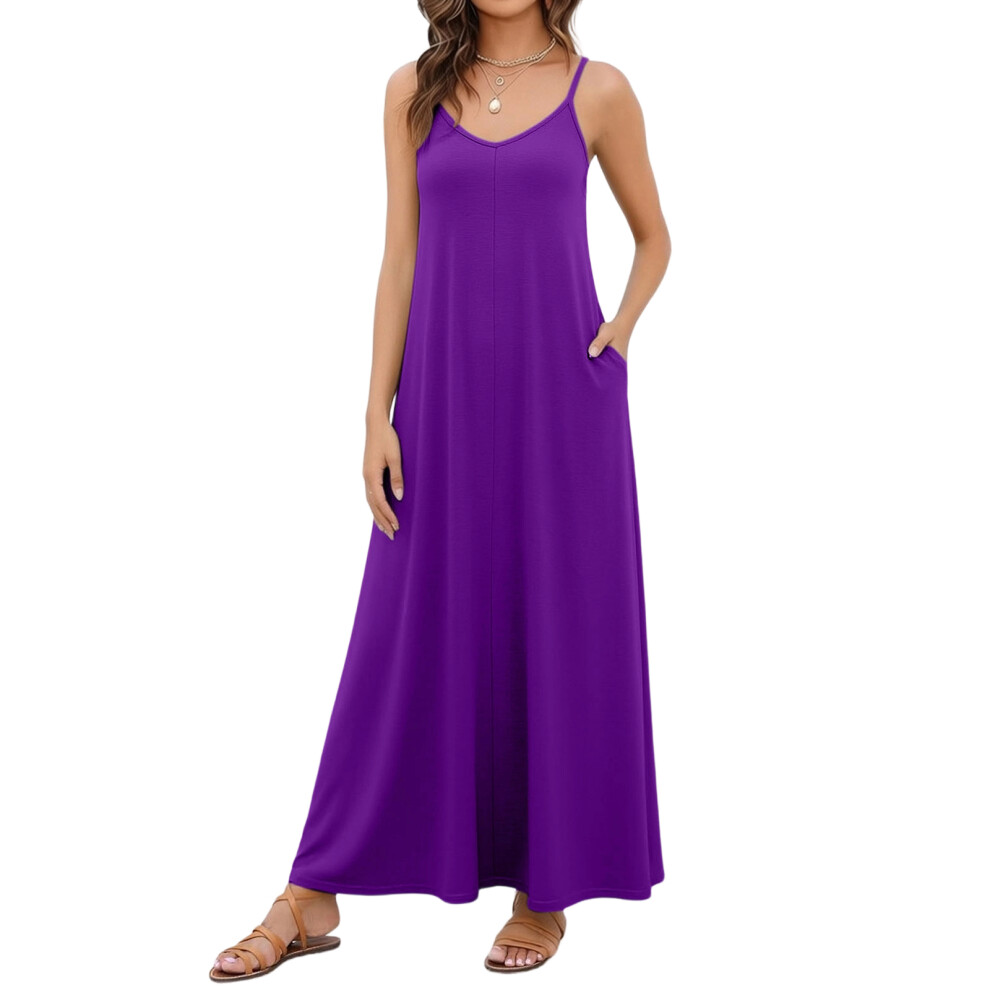 Purple Women's Casual V-Neck Sleeveless Flowy Long Beach Dress- M