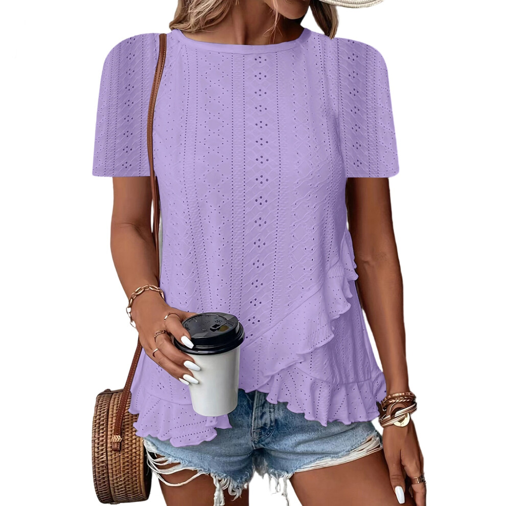 Women Crewneck Long Sleeve Eyelet Blouses Elegant-Purple XL