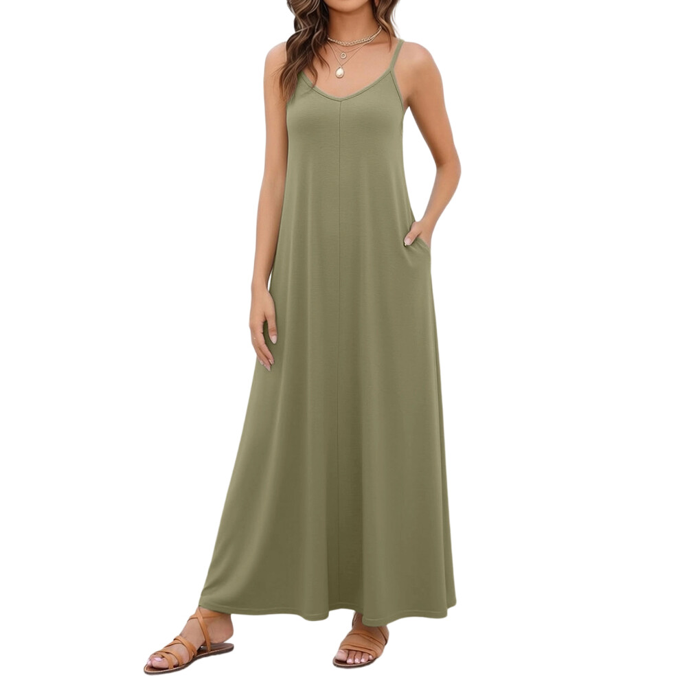 Green Women's Casual V-Neck Sleeveless Flowy Long Beach-Army M