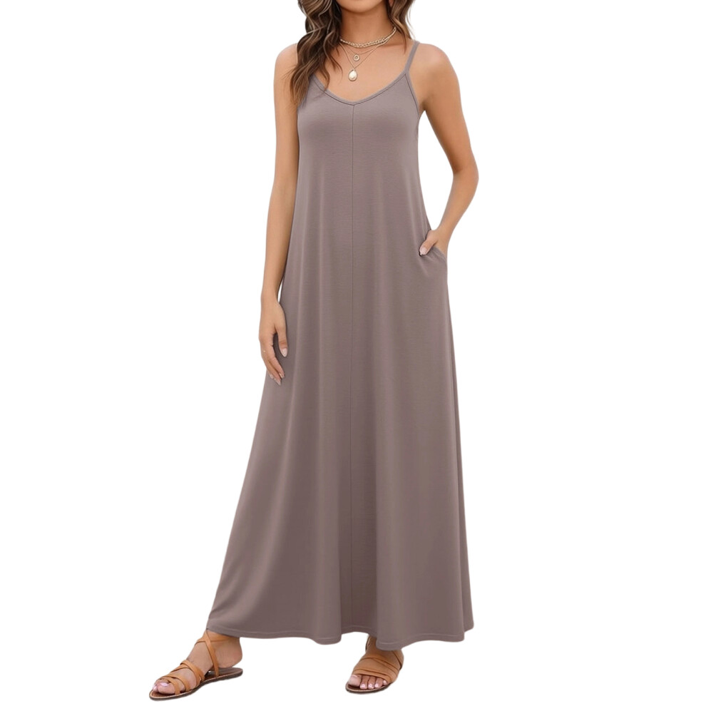 Women's Casual V-neck Sleeveless Flowy Long Beach Dress-Khaki XL