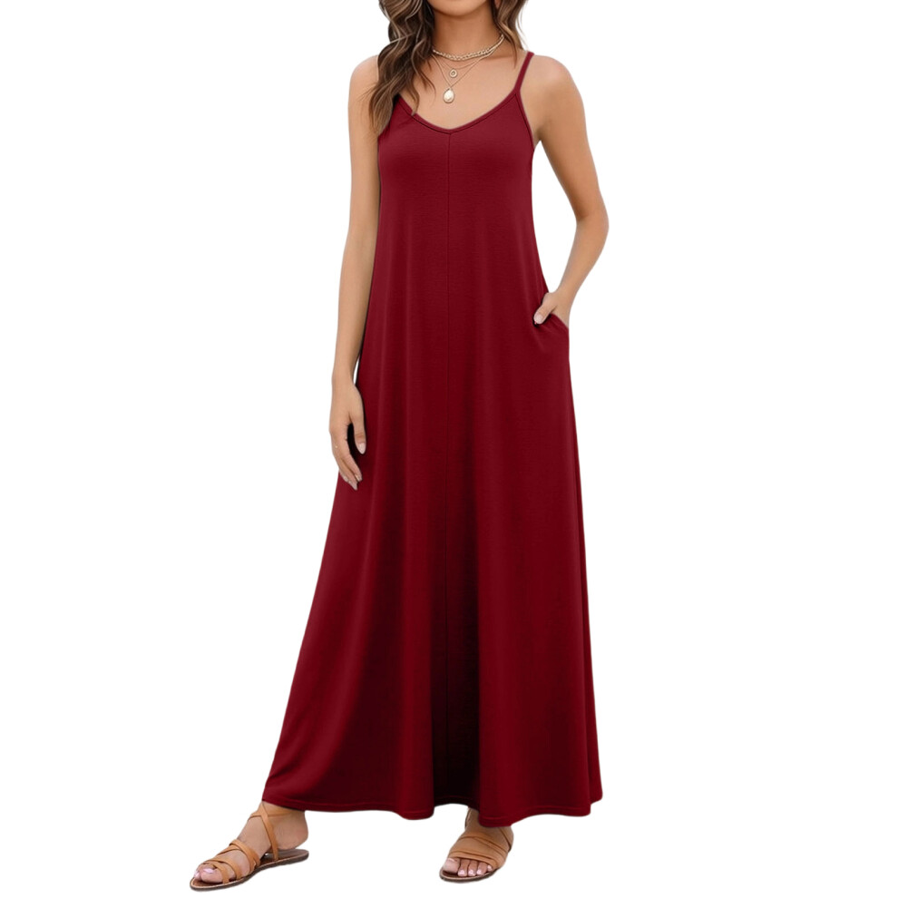 Burgundy Women's Casual V-Neck Sleeveless Flowy Long Beach- Xxl