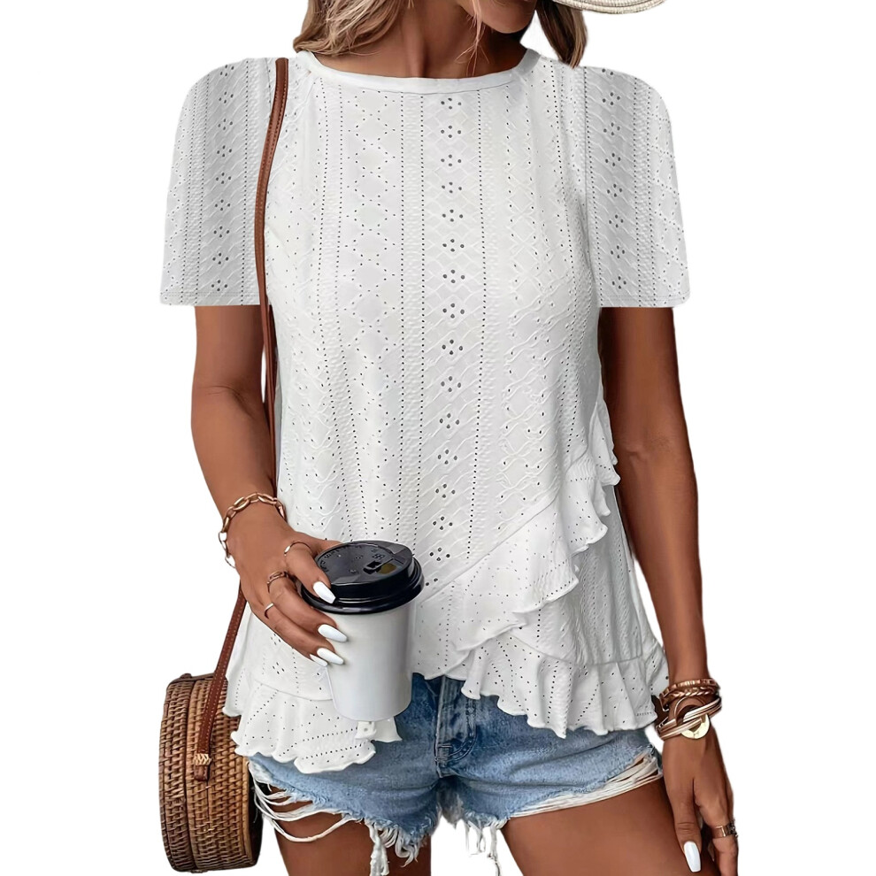 Women Crewneck Long Sleeve Eyelet Blouses Elegant-White XL